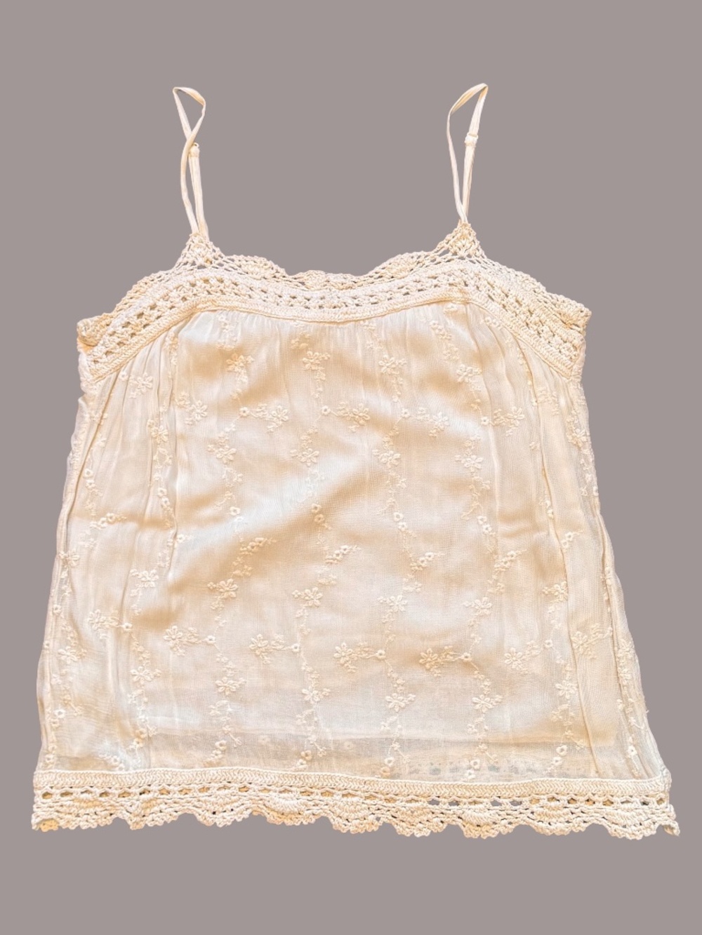 Lucky Brand Embroidered Tank Top Crochet Trim CreamSize M Rayon Lined Boho
